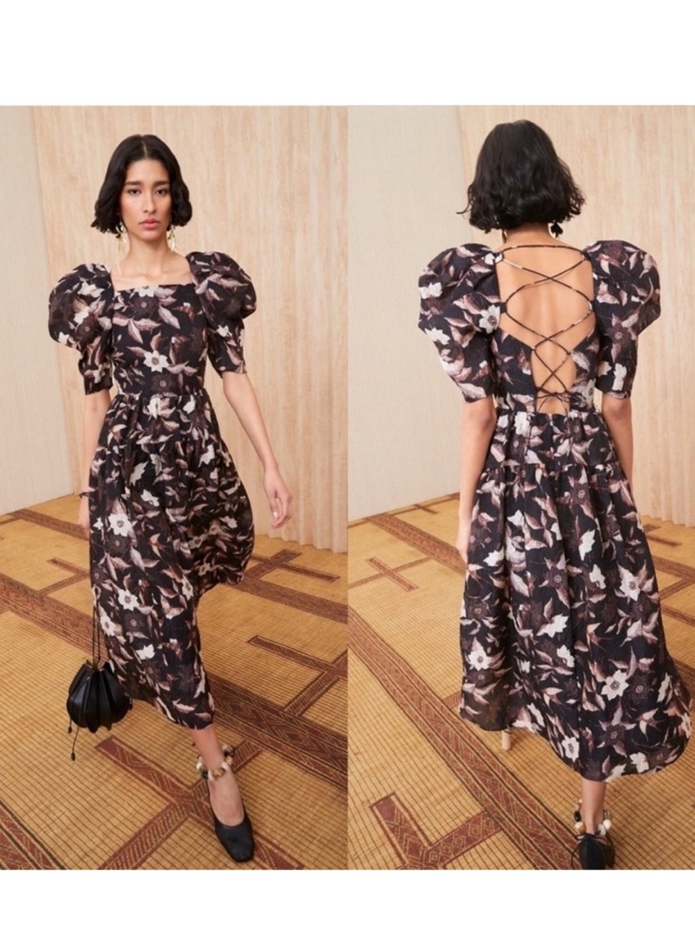 Ulla Johnson Talia Puffed Sleeves Lace-up Floral Black Pink Maxi Dress Size 2